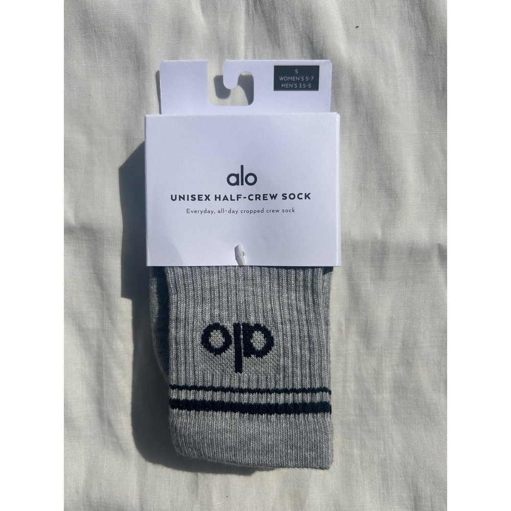 NWT Alo Yoga Unisex Half-Crew Sock Athletic Heather Grey Black A0339U Size S 5-7